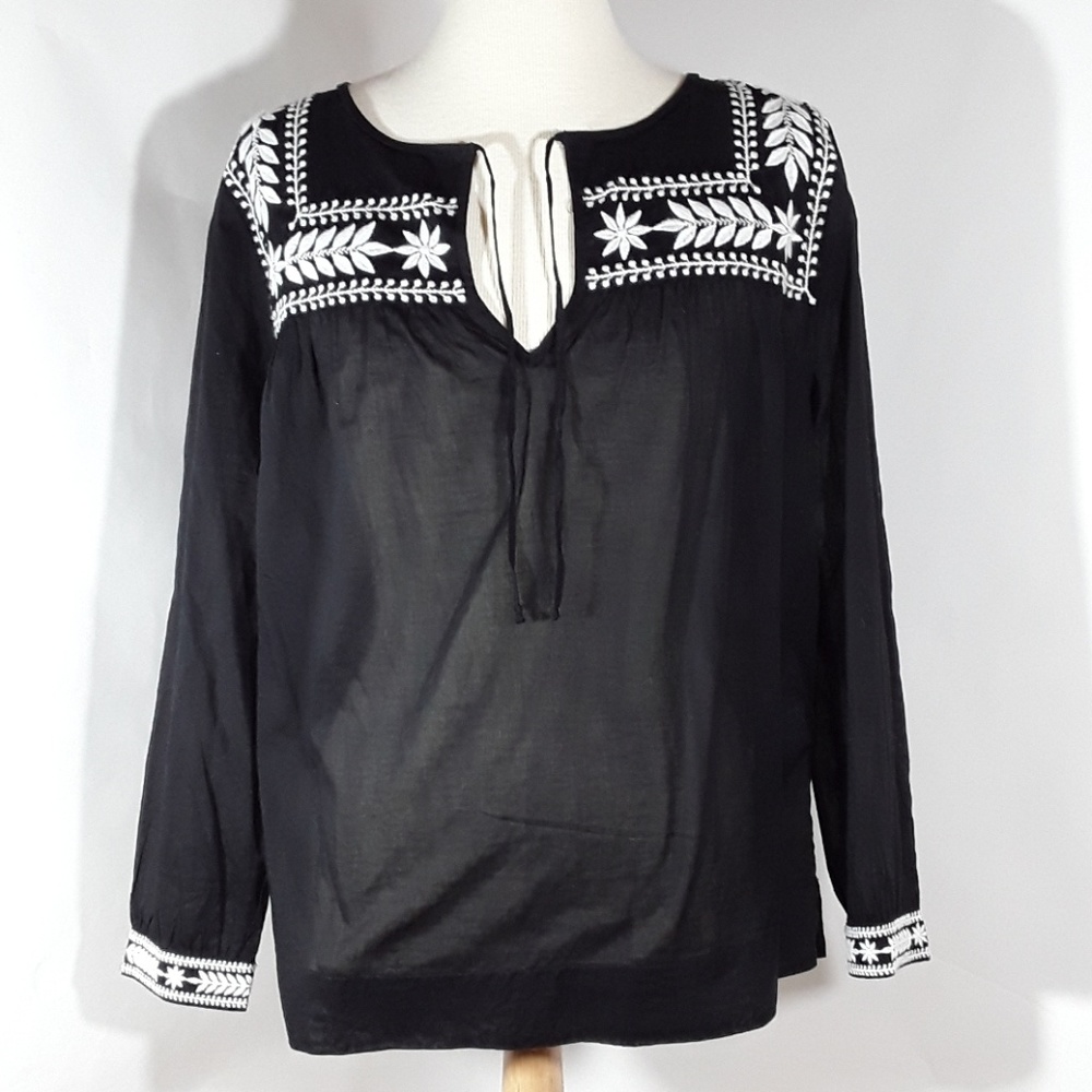 J. Crew black shirt with white foliage embroidery